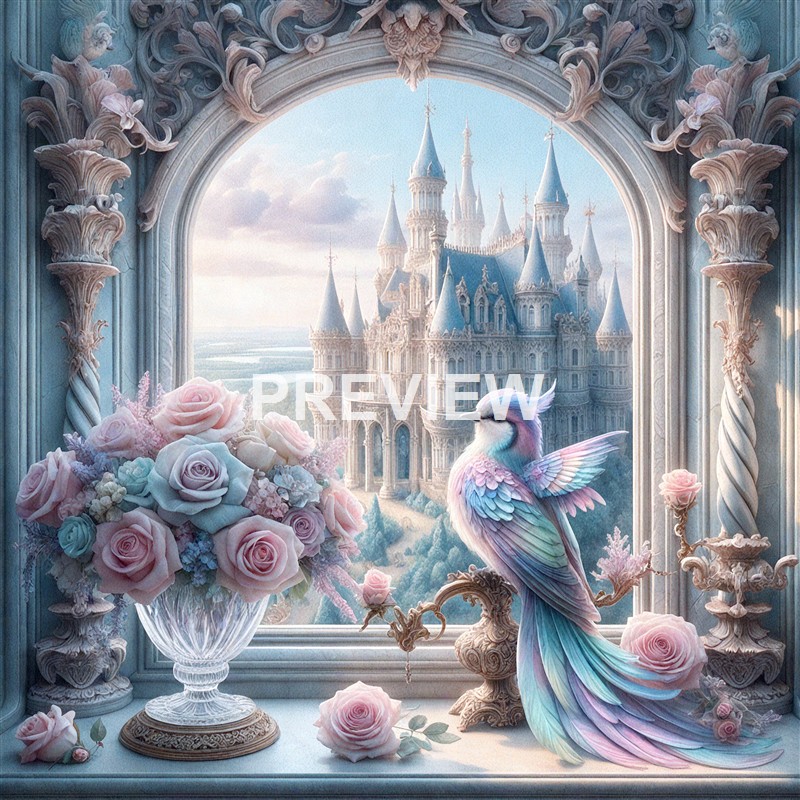 The image depicts a whimsical, fairy-tale-like scene featuring a pastel-colored bird perched on an ornate stand, with a large bouquet of roses and other flowers in a glass vase, set against a decorative window frame that reveals a majestic castle in the distance under a partly cloudy sky.